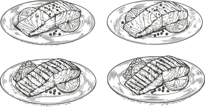 grilled salmon fillets on plates with lemon slices and peppercorns, hand drawn sketch set
