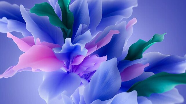 Abstract pastel leaves flowing like soft fabric with silk texture in blue pink and green tones on blurred gradient background