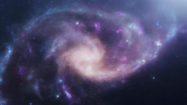 A vibrant spiral galaxy is depicted, exhibiting shades of pink, purple, and blue. Numerous stars dot the surrounding dark cosmos, offering a galactic view