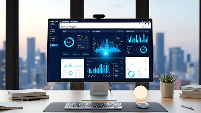 Modern computer monitor displaying a complex business analytics dashboard with charts and graphs, set on a desk with a city skyline view.
