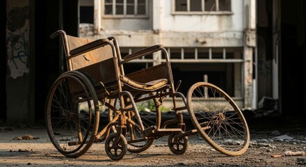 Fototapeta premium Abandoned Rusty Wheelchair in Dilapidated Building