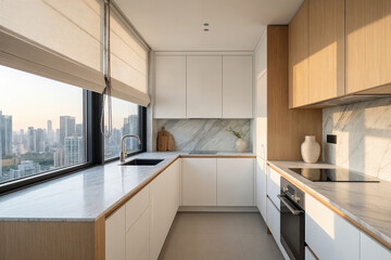 Beige roller blind on windows in stylish modern kitchen. Shutters on the plastic window.