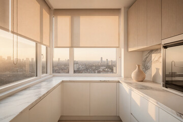 Beige roller blind on windows in stylish modern kitchen. Shutters on the plastic window.