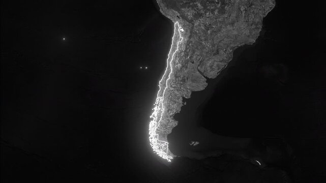 Zoom from Earth to Chile, a documentary dark map animation with highlighted glow outline country borders. 3d satellite world map animation highlights aerial views, tourism, and travel. 4k