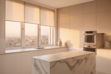 Beige roller blind on windows in stylish modern kitchen. Shutters on the plastic window.