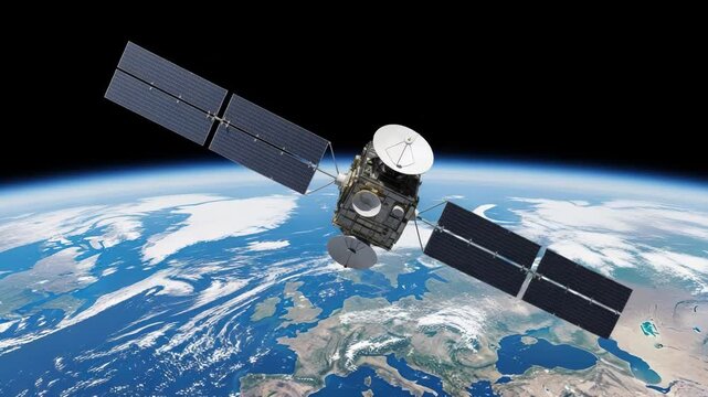 Satellite orbiting Earth with solar panels deployed in space