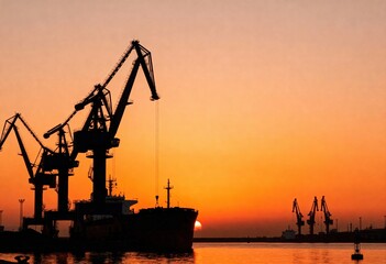 Sunset silhouette of industrial cranes by harbor with vibrant orange sky.