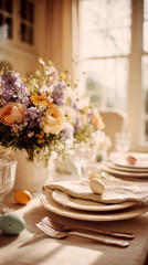 Bright Easter table setting includes white plates with colorful eggs and a simple floral centerpiece. The table is ready for a festive meal with family and friends during Easter