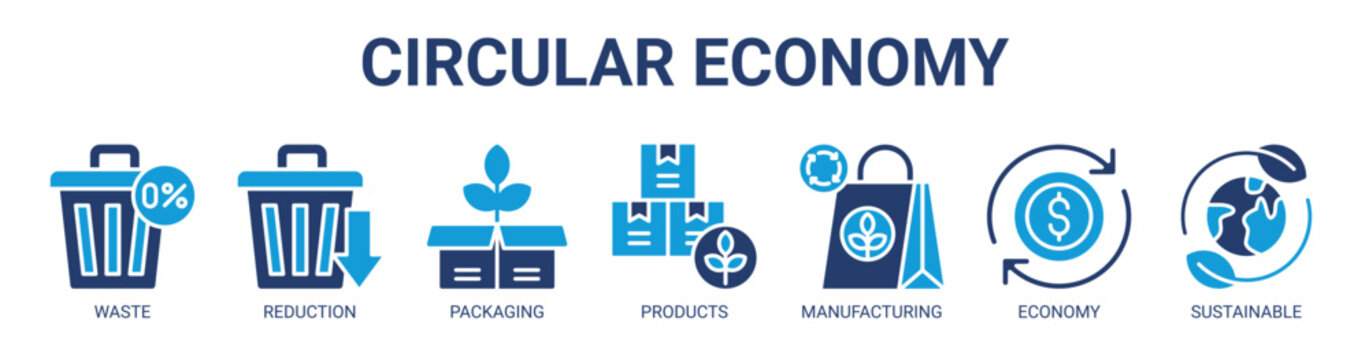 Circular Economy web banner icon vector illustration concept with icon of waste, reduction, packaging, products, manufacturing, economy, and sustainable.