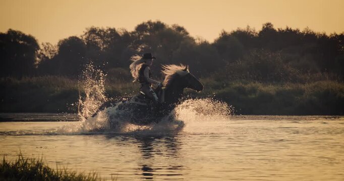 Super slow-motion footage of a rider galloping on horseback through shallow river at sunset. Dramatic splashes and warm golden light create a cinematic outdoor adventure scene.