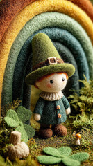 A leprechaun figure with a colorful hat smiles among vibrant flowers during St. Patricks Day. This scene brings joy and fun to the celebration with traditional symbols of the holiday