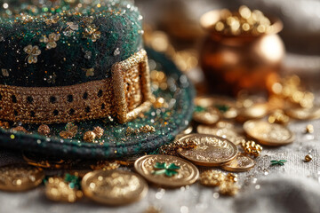 A table is covered with symbols of St. Patricks Day. A green hat decorated with gold and shamrocks rests near gold coins and festive items. This scene shows joy and celebration