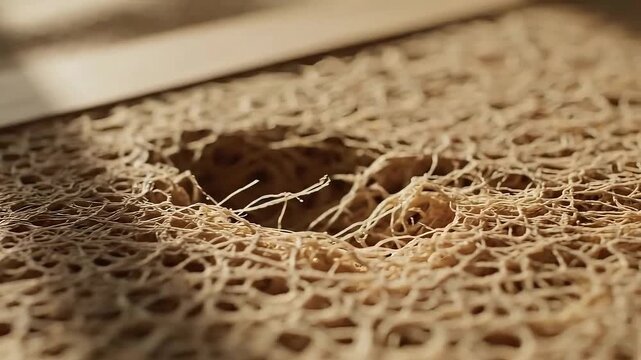 Extreme close-up view of dried natural sponge texture under dramatic warm sunlight illumination