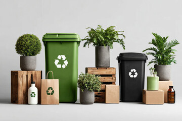 Natural materials are arranged in a wooden tray for Earth Day. Recycling symbols are visible on stones and moss, promoting eco-friendly activities and awareness