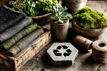 Natural materials are arranged in a wooden tray for Earth Day. Recycling symbols are visible on stones and moss, promoting eco-friendly activities and awareness