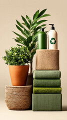 Two wooden crates hold plants and green materials in a simple display. Recycling symbols are featured on containers to promote eco-friendly practices for Earth Day