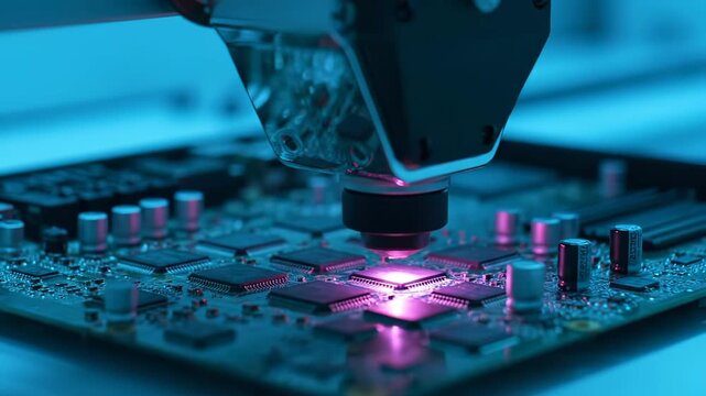 Robotic soldering inspects microchip on pcb. Nozzle places chip on circuit. Glowing light reveals inspection on electronics. Assembly automation monitors alignment and quality. Yield test improves.