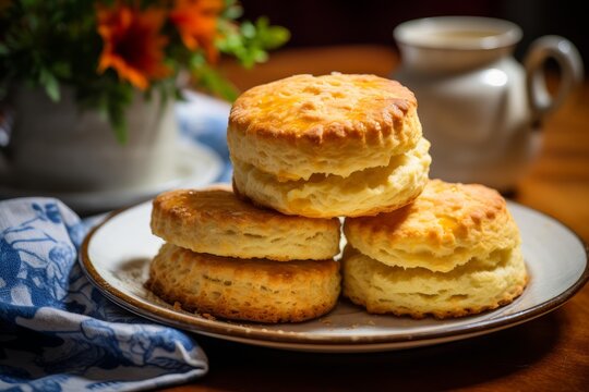 Five warm biscuits stacked on a plate, ready for breakfast or a snack