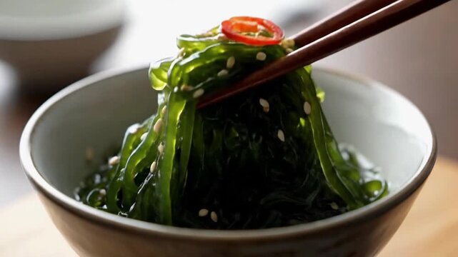 Seaweed Salad with Chopsticks in Bowl.