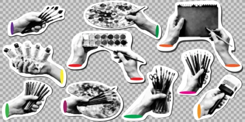 Fotobehang Pop Art Artist tools and creative hands set in halftone style featuring hands holding paint brushes, palettes, pencils, and art supplies for painting and sketching  © Vladislav