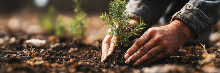 People are planting small trees in the ground to support Earth Day activities. They are focused on promoting sustainable practices in a natural area with greenery all around