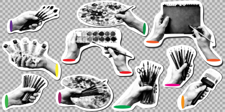 Artist tools and creative hands set in halftone style featuring hands holding paint brushes, palettes, pencils, and art supplies for painting and sketching