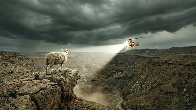Lone Sheep Standing on Rocky Outcrop Over Canyon