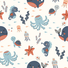 Obraz premium Seamless pattern with sea animals, turtle, whale, octopus and others. Pattern for bedroom, wallpaper, kids and baby wear.