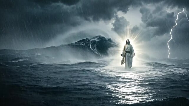 Solitary Figure Standing on Turbulent Stormy Ocean