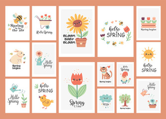 Fototapeta premium A sweet spring poster set featuring flowers, plants, animals, and positive quotes. These whimsical vector illustrations are perfect for stickers, journals and babies designs.