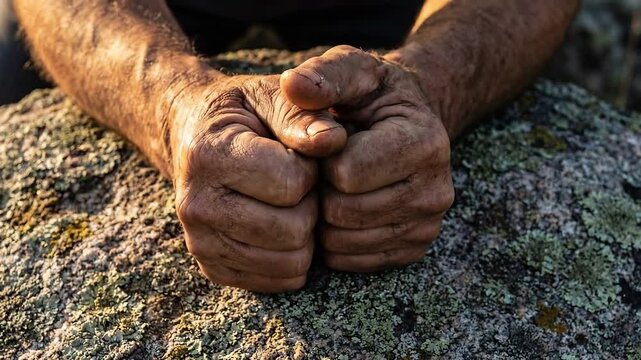 Close Up of Clasped Praying Hands on Rough Rock