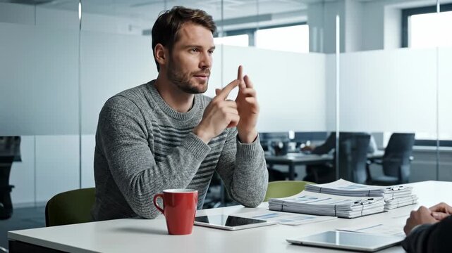 Serious man listens during job interview at office. Businessman sitting at table listens to colleague. Candidate listens carefully at meeting. Man in sweater listens. Interview in modern office.