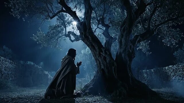 Figure Kneeling in Prayer by Olive Tree at Night