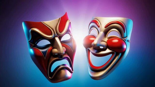 Tragic and comic theater masks with colorful contrast lighting