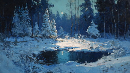 Night forest with moon. Crescent moon in winter woods at dusk. Moonlight illuminates trees.