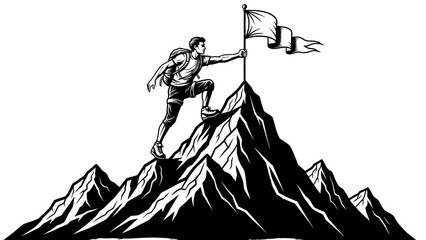 Fototapeta premium A man proudly holds a flag on top of a mountain peak in a black and white illustration on transparent background