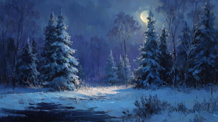 Night forest with moon. Crescent moon in winter woods at dusk. Moonlight illuminates trees.