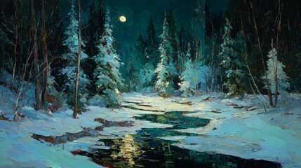 Night forest with moon. Crescent moon in winter woods at dusk. Moonlight illuminates trees.
