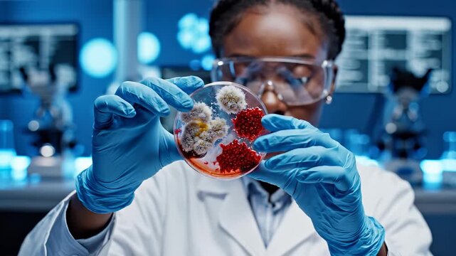 Scientist analyzes petri dish with microbial cultures. Laboratory atmosphere emphasizes research and discovery. Close-up view highlights scientific exploration and innovation.