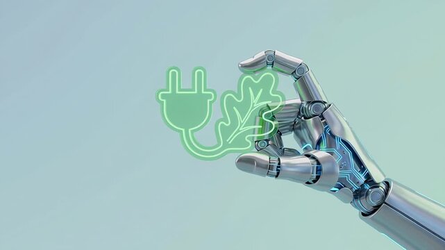 Robot hand holding green neon electric plug and leaf icon symbolizing clean energy sustainability carbon footprint reduction climate responsibility data for eco friendly future