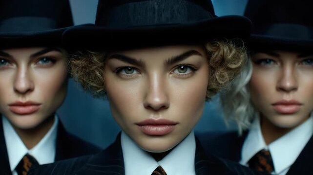 Elegant women, sharp tailored formal suits, sophisticated pinstripes, classic fedora hats, unified professional team, powerful feminine presence, determined corporate essence, retro inspired fashion