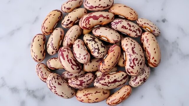 Close-up view of heap cranberry beans on white marble texture background