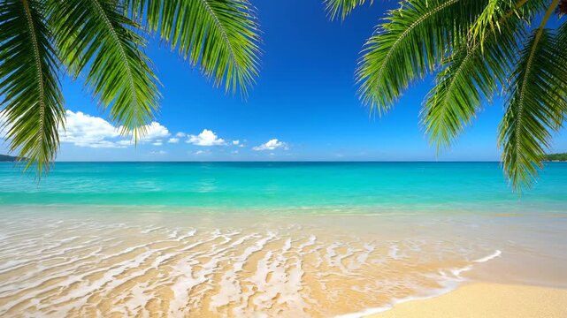 Tropical beach paradise with palm trees and clear blue water. Gentle waves lapping on golden sand create serene atmosphere. Perfect destination for relaxation and tranquility.