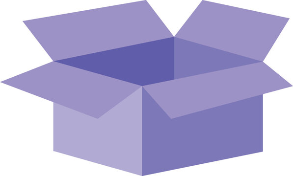 Open cardboard box vector illustration in a modern flat isometric style. Minimal purple packaging box with unfolded flaps. Clean and simple design ideal for concepts such as delivery and logistics