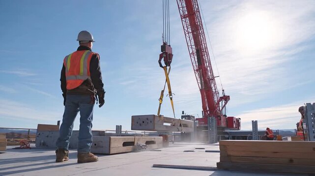 A construction worker in a hard hat and safety vest stands on a building site next to a large red crane in this video