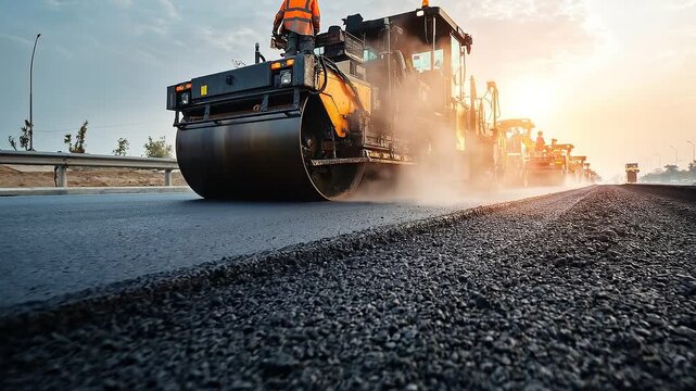A video of a road roller machine laying asphalt on a highway at sunset