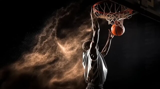 Dynamic Basketball Dunk by Athlete in Indoor Court with Dramatic Lighting and Dust Effects