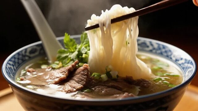 Steaming Hot Pho Noodle Soup Being Eaten.