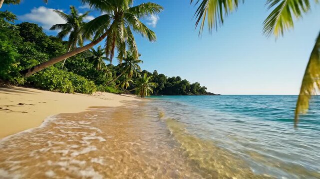 Tropical beach paradise with palm trees and clear water. Peaceful scene captures nature's beauty and tranquility. Escape to this serene coastal getaway.