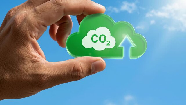 Green cloud CO2 carbon footprint reduction climate responsibility clean energy sustainability cloud emission data icon, hand symbolizes carbon footprint reduction climate responsibility